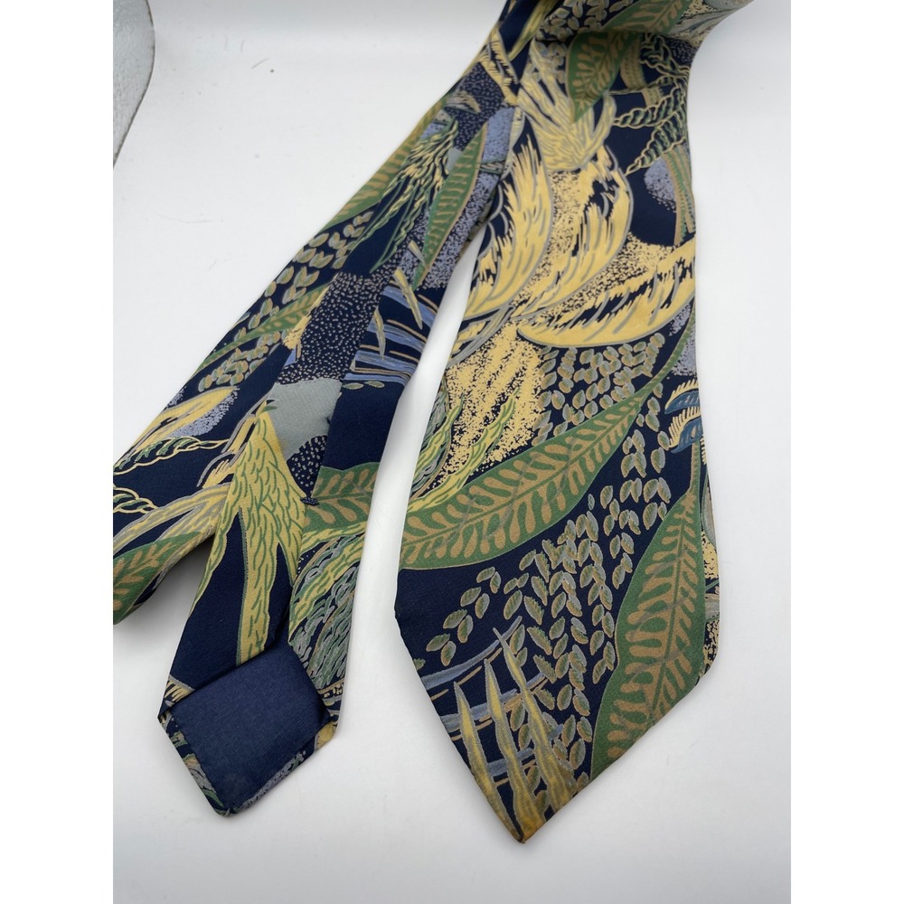 Pearl Mens Pure Silk Necktie Navy Blue Green Yellow Botanical Tropical Leaf Tie